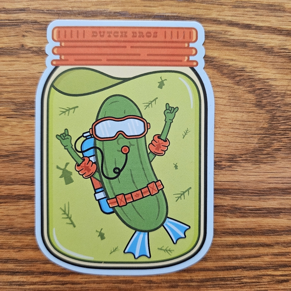 Dutch Bros Scuba Pickle Sticker with Green and Orange